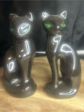 MCM Pair of Black Ceramic Cat Figurines with Green Eyes